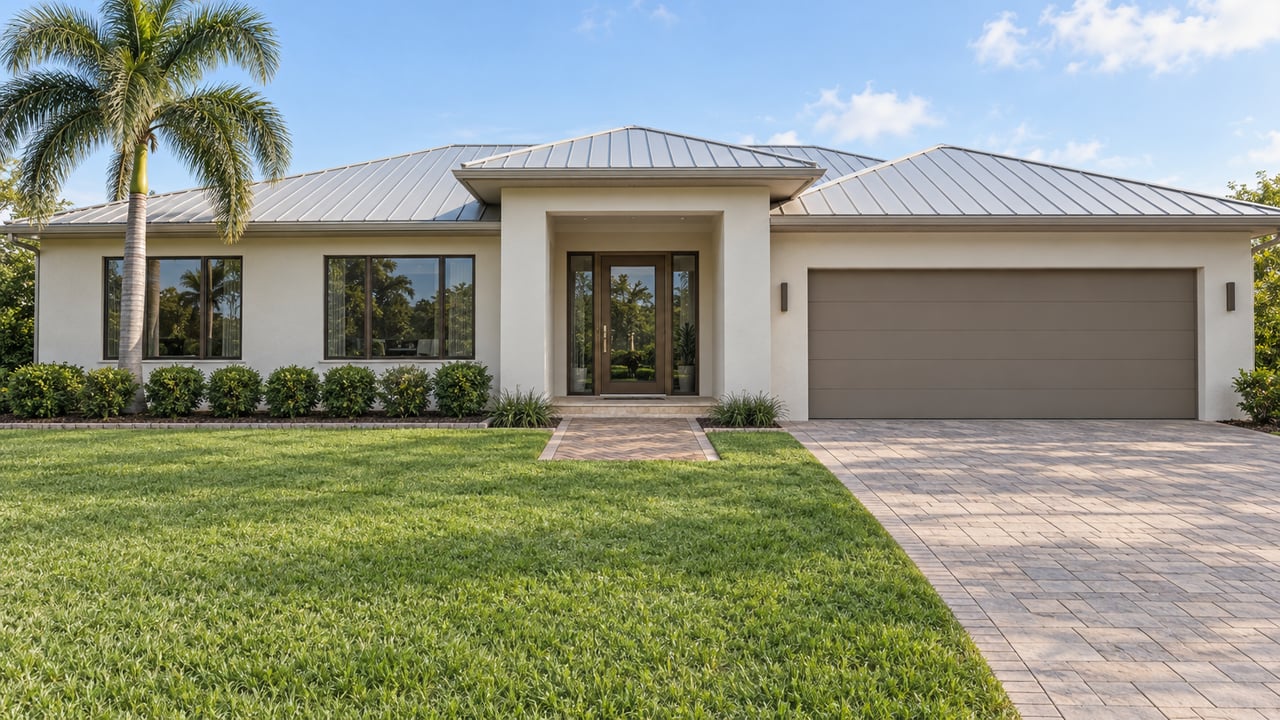 Single-story ivory stucco home with a silver metal roof, deep green lawn, royal palm and wide paver driveway.