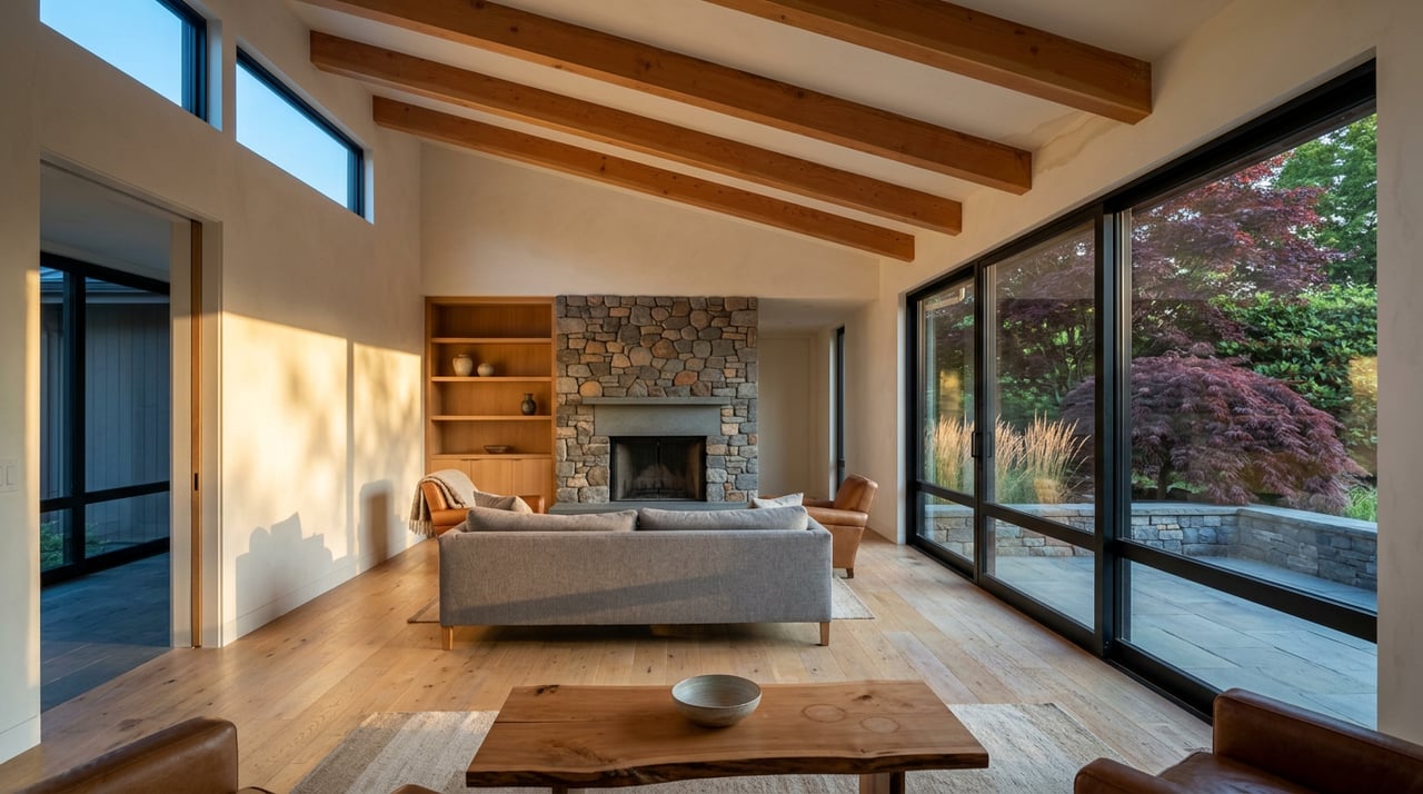 Great room with a river-stone fireplace, exposed wood beams, oak floors, and burgundy foliage visible through large windows.
