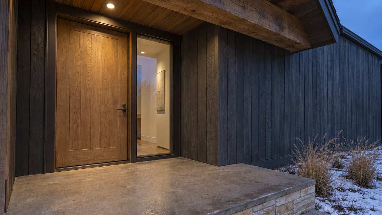 Warmly lit oak entry door beneath a timber porch roof, beside charcoal wood siding and a snow-dusted planting pocket.