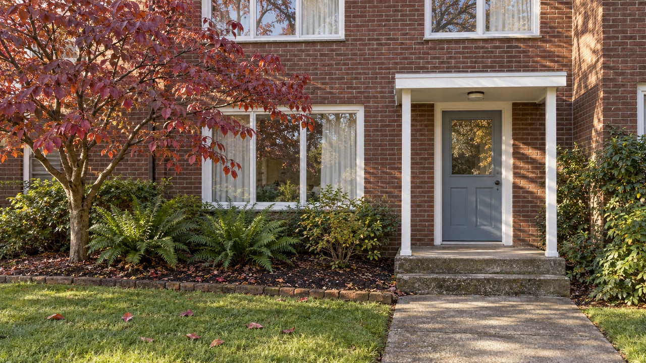 Autumn light on a modest red-brick garden home with a sheltered blue-gray door, white-trimmed windows and burgundy dogwood leaves.