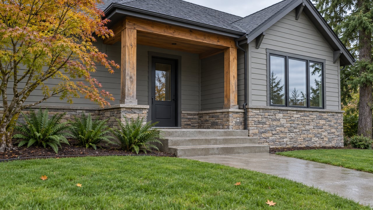 Gray gabled home with a cedar-supported covered entry, stone foundation and damp concrete approach across an autumn lawn.