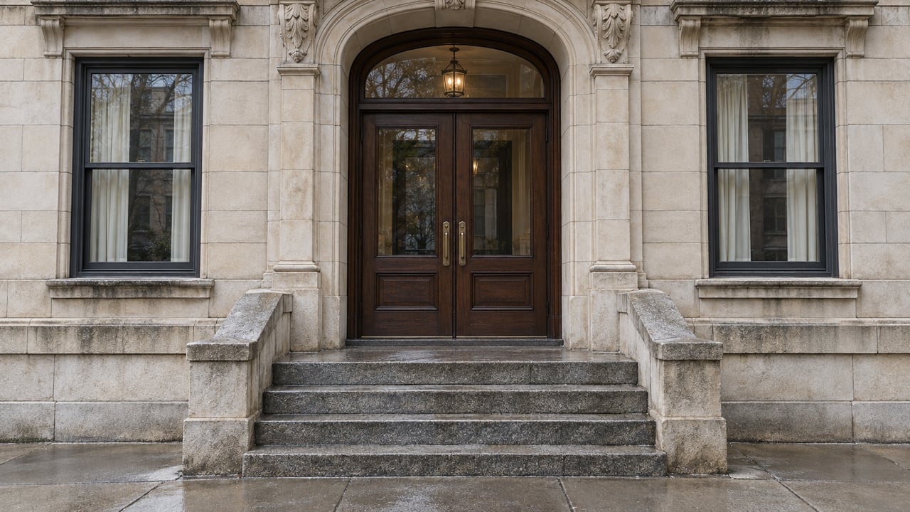Weathered limestone apartment entrance with oak double doors, paired windows and damp granite steps in soft daylight.