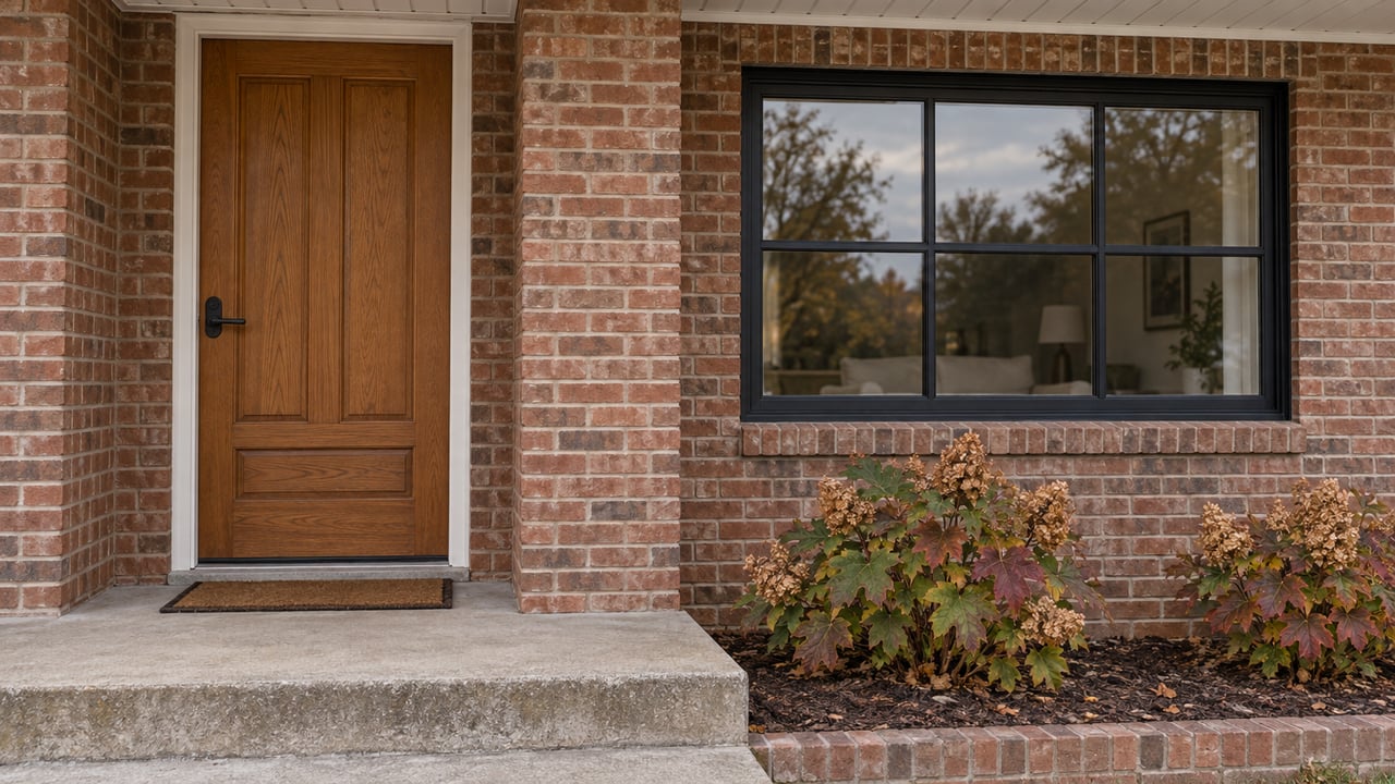 Warm oak front door beside a black divided-pane window on a brick home, with a concrete step and autumn oakleaf hydrangeas.
