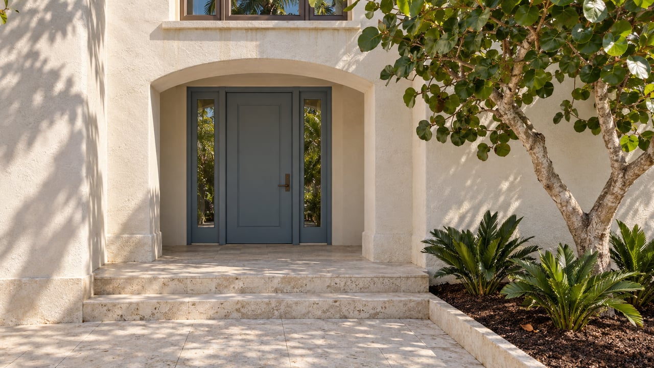 Sunlit ivory stucco entrance with a blue-gray door, limestone steps, and a sculptural sea-grape tree beside coontie planting.