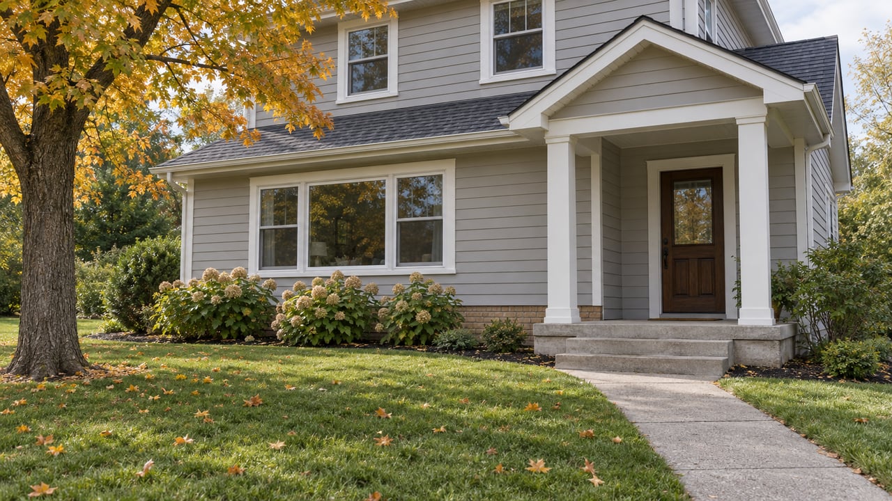 An established gabled home with light-gray siding, a recessed oak entry, broad concrete approach, green lawn and an amber-leaved maple.