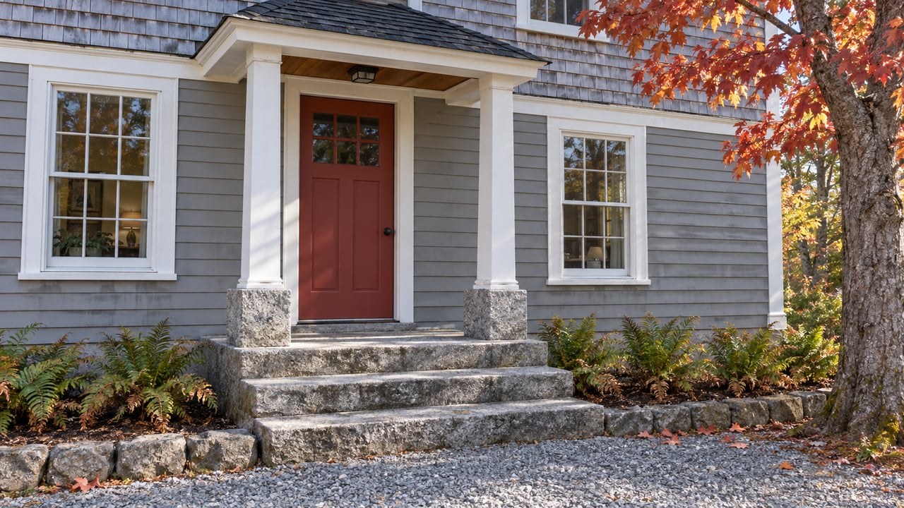 Gray clapboard home with a red door, white porch posts, granite entry steps and autumn maple leaves.