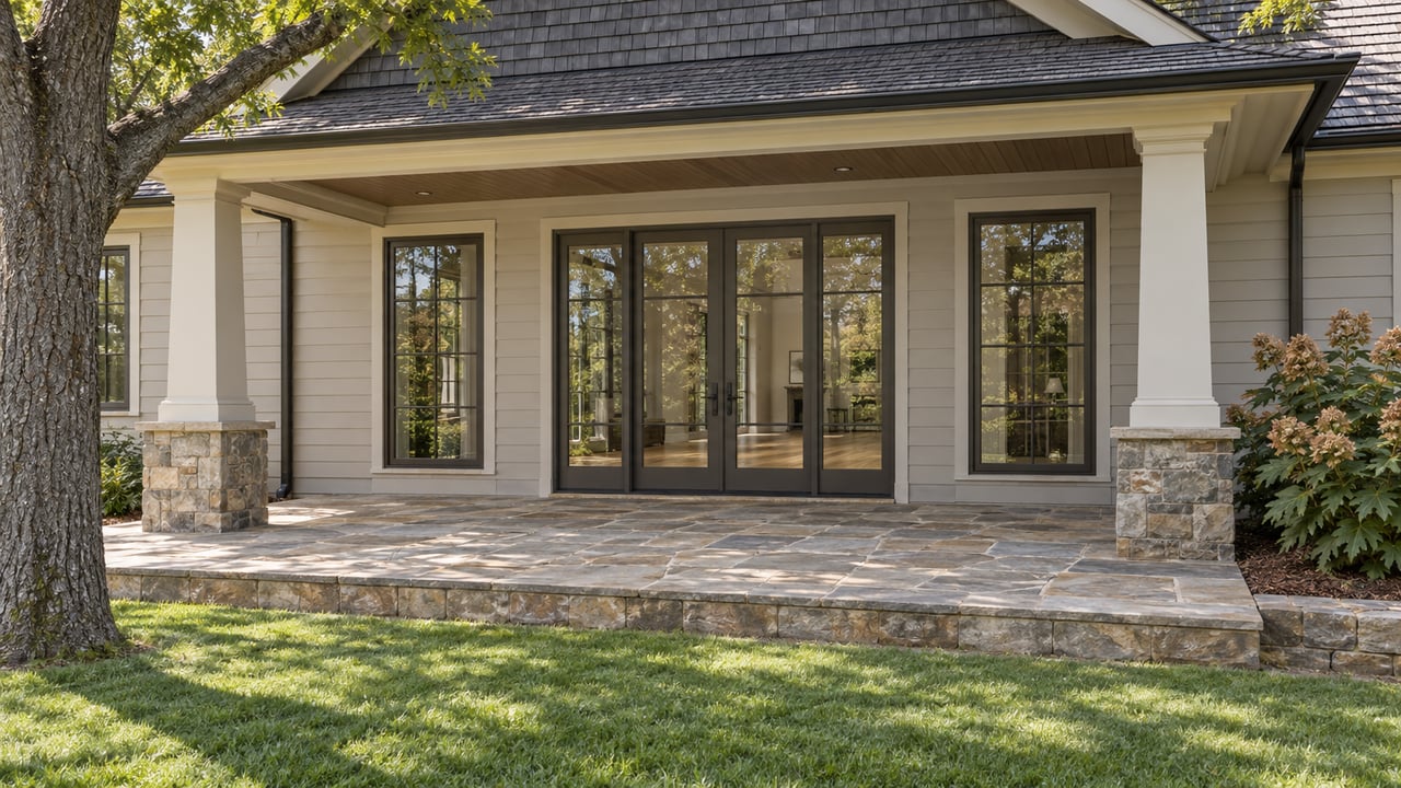Close view of a substantial home's covered stone terrace, pale siding, bronze-framed glass doors, and established oak and oakleaf hydrangea planting.