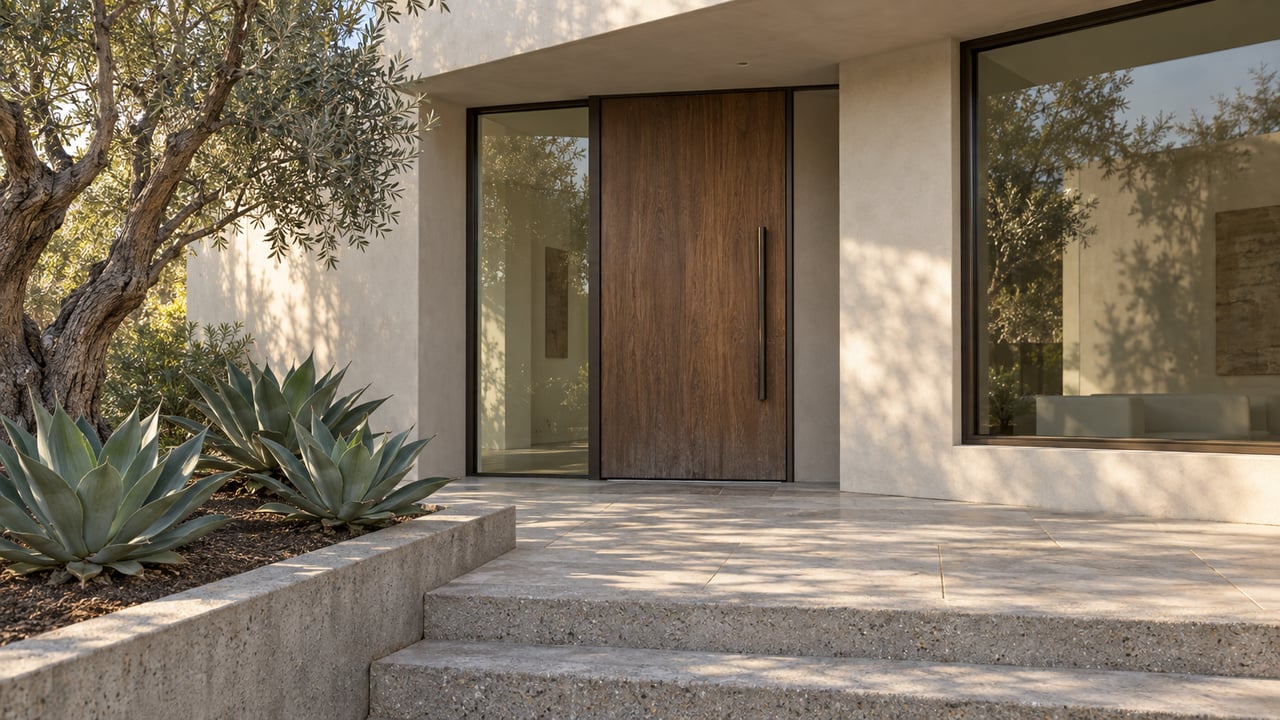Contemporary home's recessed walnut entry beneath a cream stucco cantilever, with bronze-framed glass, limestone paving, and a sculptural olive tree.