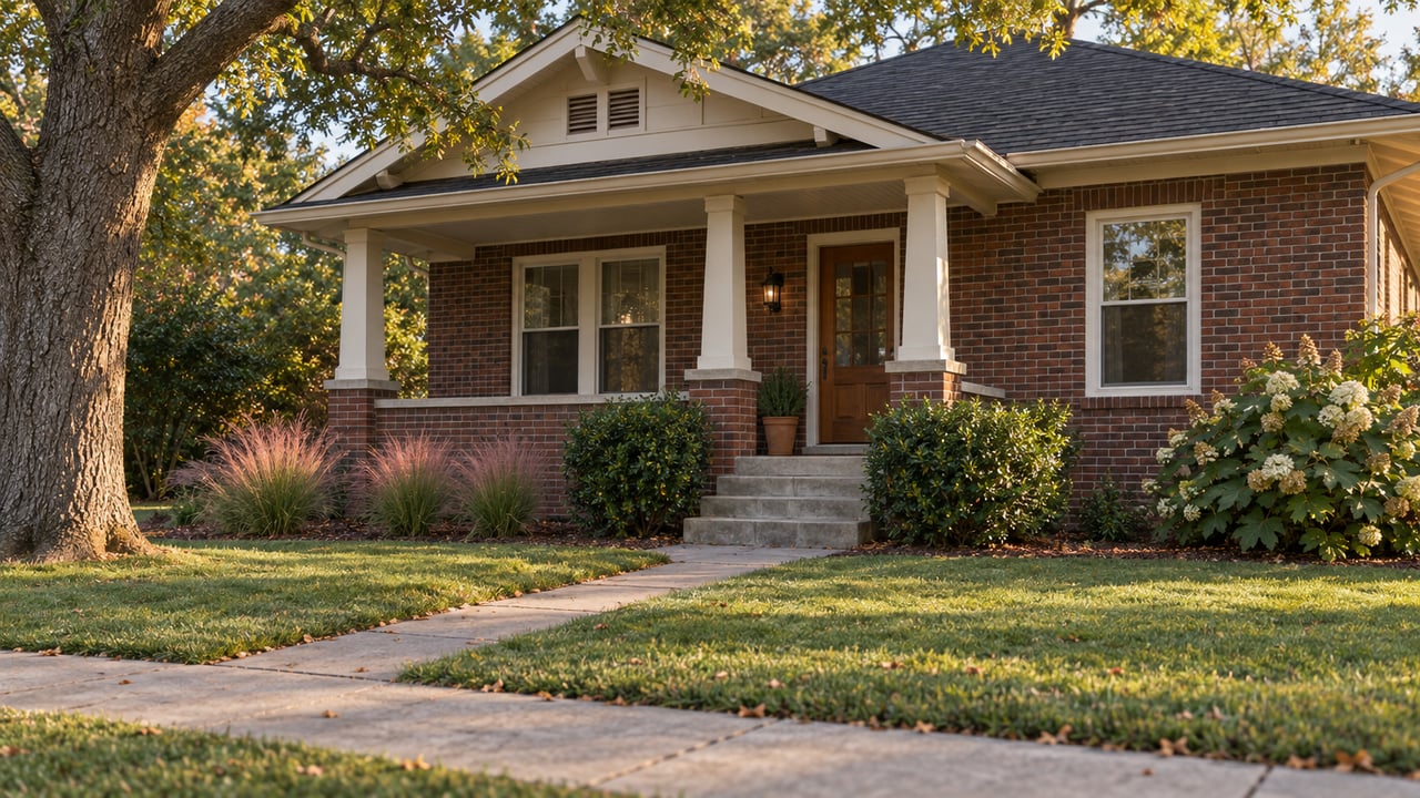 Brick bungalow with a columned porch, oak canopy, clipped shrubs, and a straight concrete walkway.