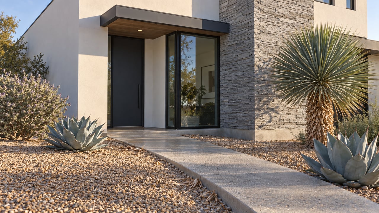 Desert home entry with a charcoal door, gray stone pier, concrete walk, and sculptural yucca in gravel.
