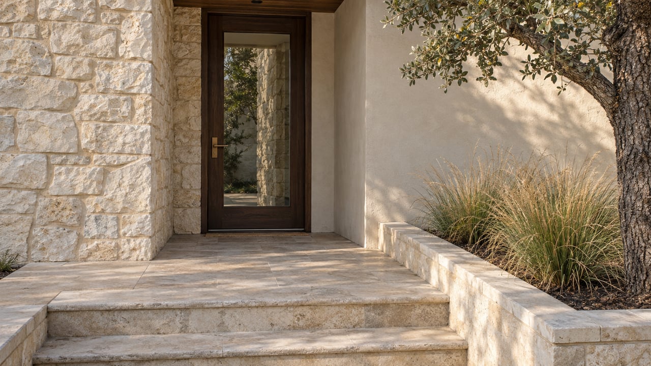 A recessed oak-and-glass front door framed by cream limestone and warm stucco, with broad stone steps and blue oak planting in afternoon light.