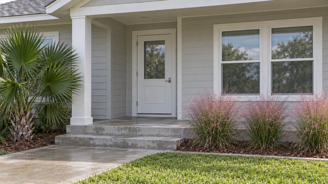 Light gray sided home with a white porch column, glazed entry door, paired windows and concrete steps beside palmetto and pink muhly grass.