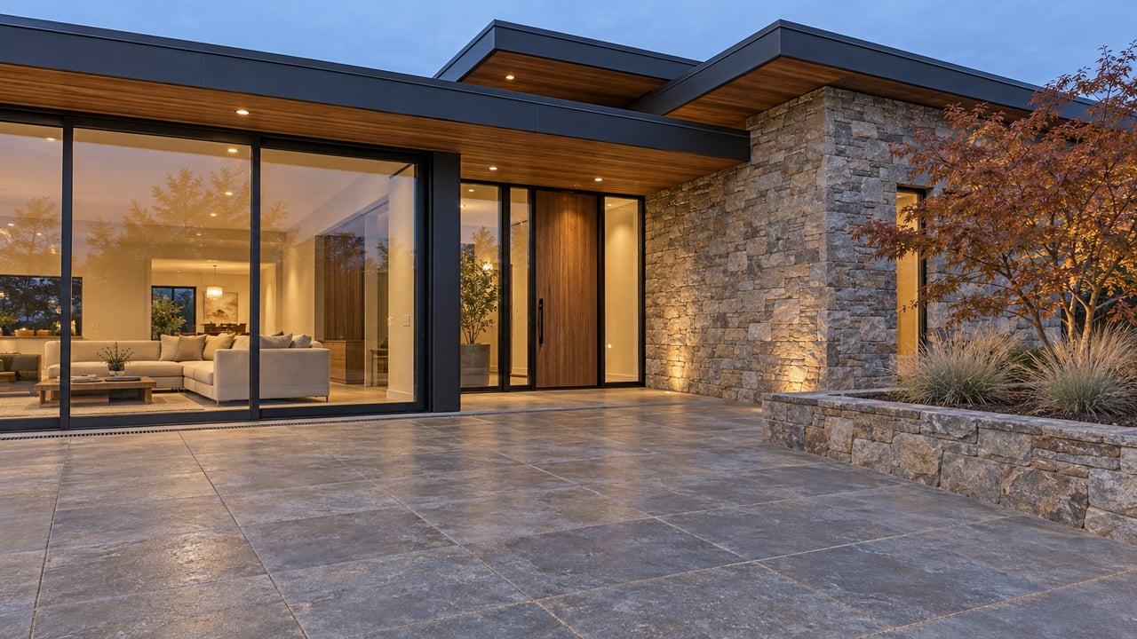 Contemporary wood-and-stone home with broad stone terrace, warm enclosed living room and a small autumn planting bed at blue hour.