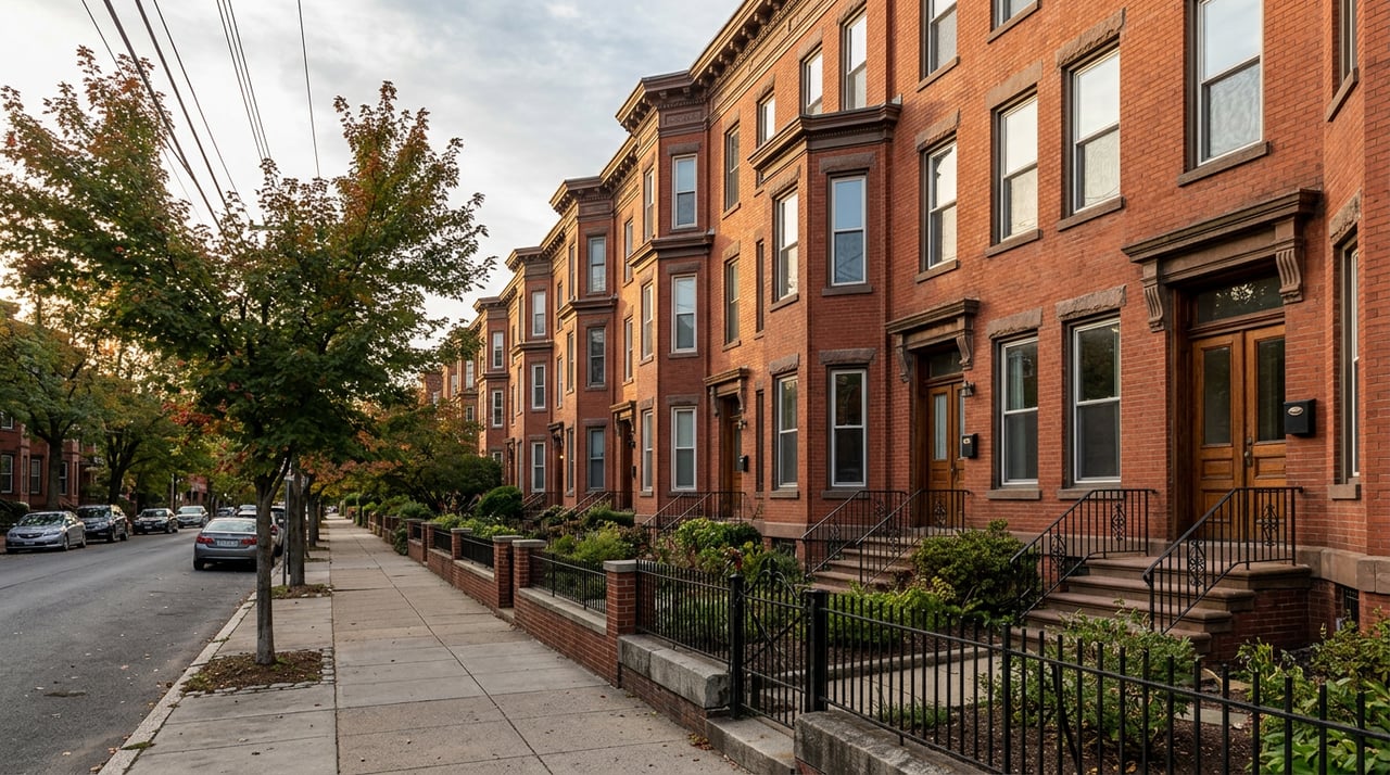 Three attached red-brick rowhouses with matching bay windows and iron-railed stoops line a tree-shaded street.