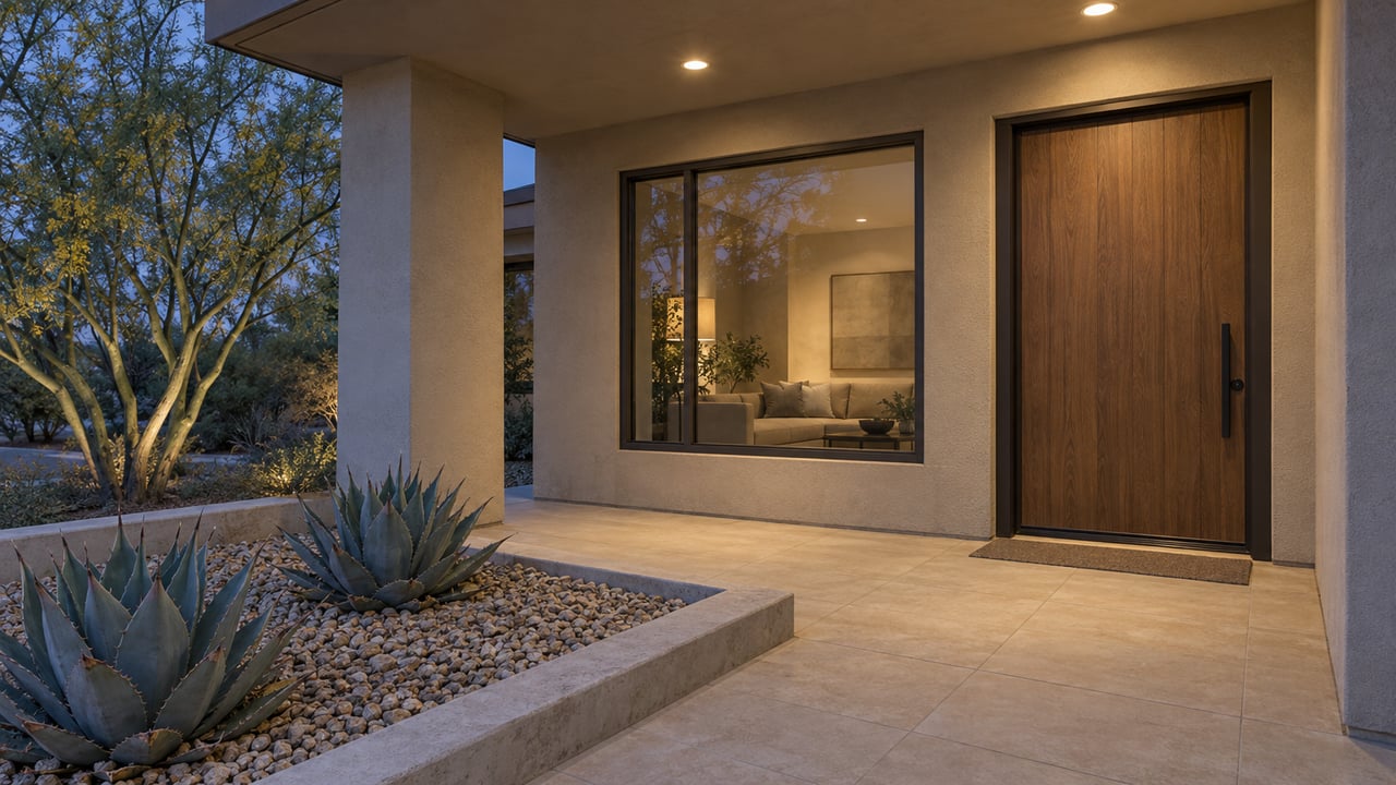 A sheltered contemporary stucco entry at dusk with an oak door, bronze-framed window, warm porch lights and sculptural desert planting.