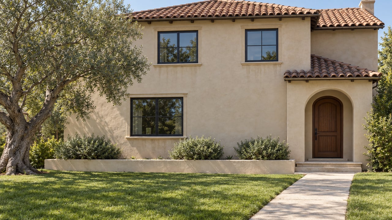 Sand-colored two-story stucco home with terracotta tile roof, arched entry, broad lawn, and olive tree.