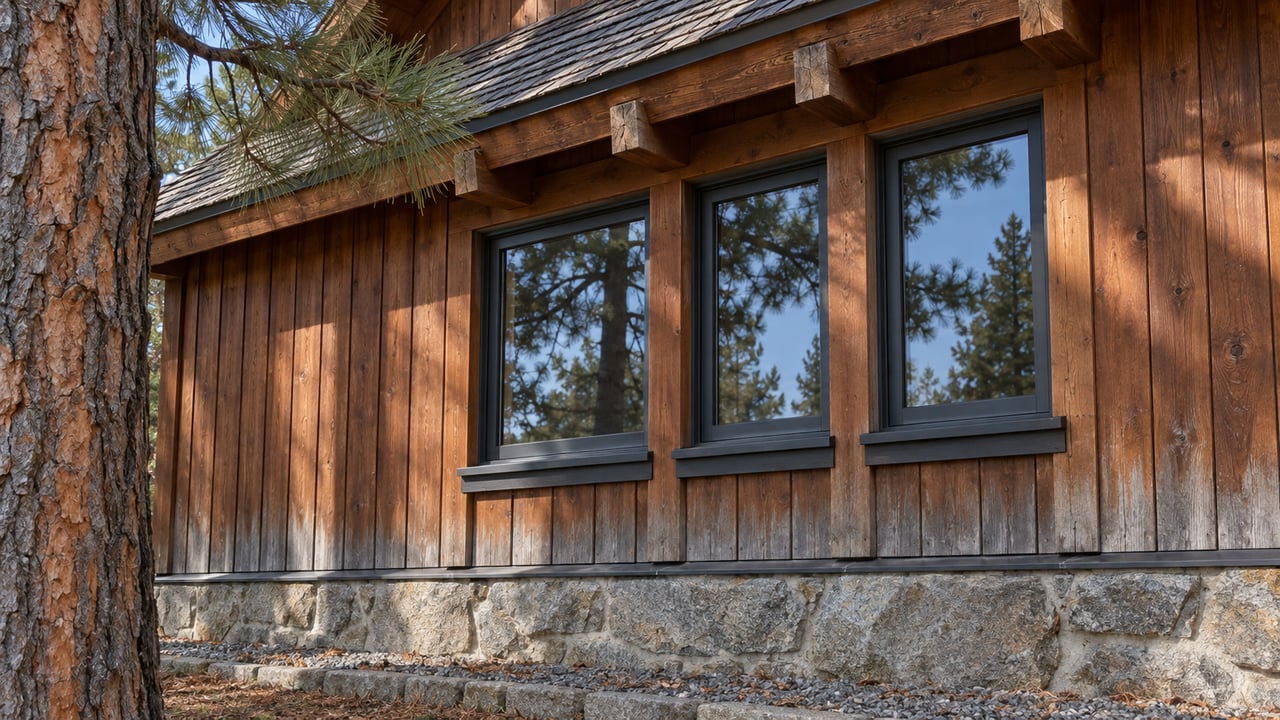 Weathered cedar home with deep gabled eaves, three dark-framed windows, a granite foundation and a mature pine trunk.