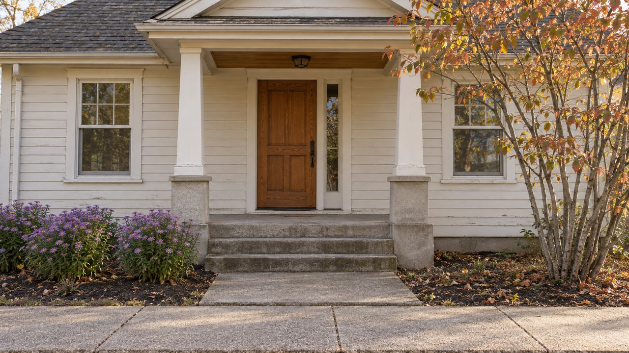 Off-white clapboard village house with a covered porch, concrete steps, and a copper-leaved tree at right.