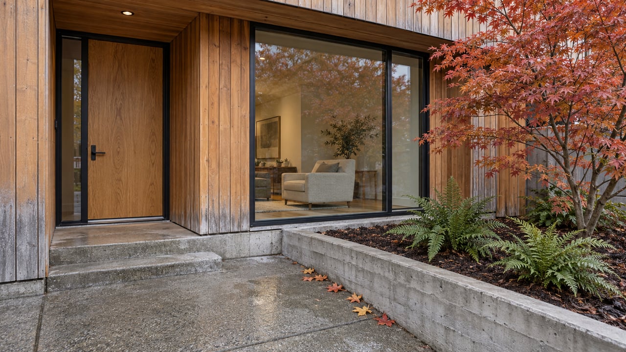 Rain-darkened concrete steps approach a cedar-clad townhouse with an oak door, a large window and a copper-red Japanese maple.