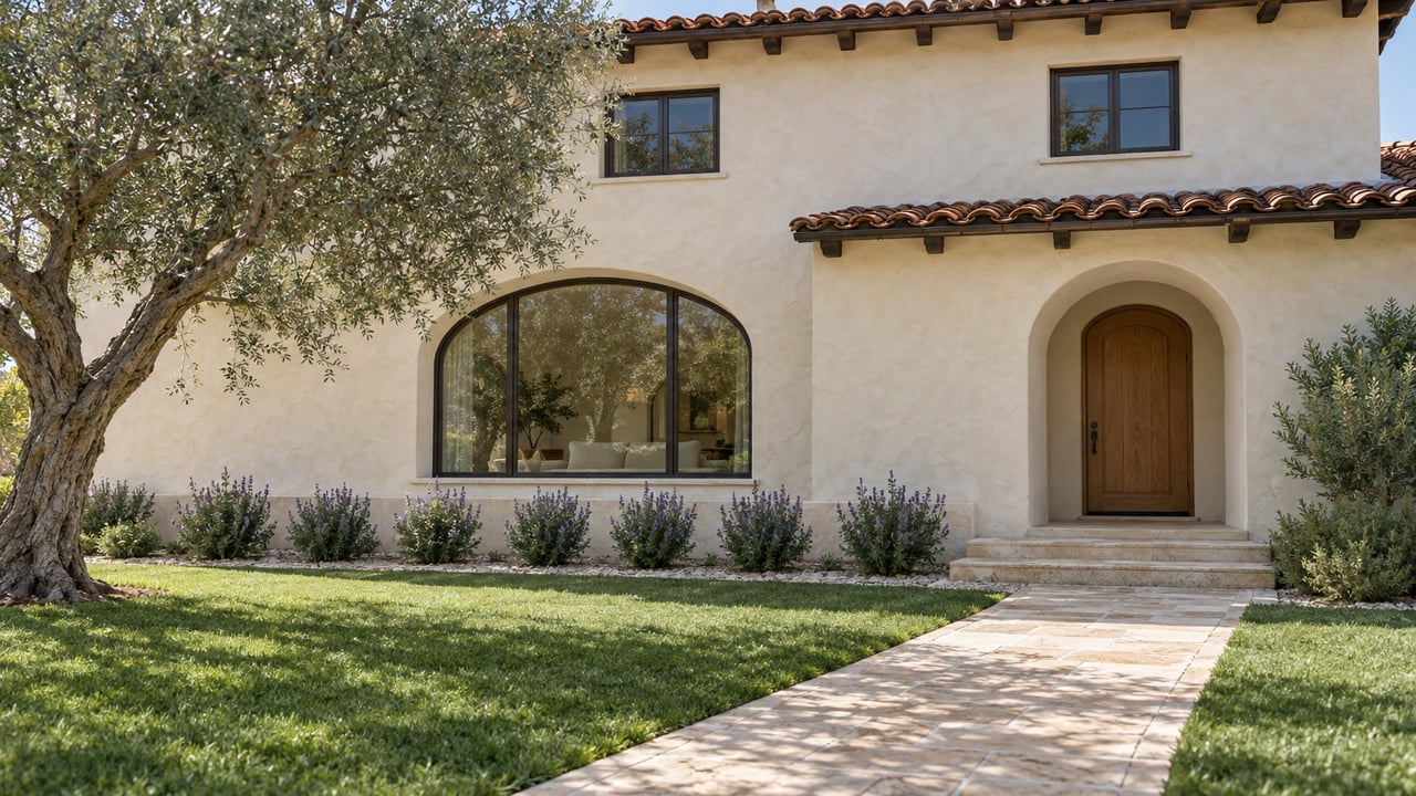 Cream stucco home with clay tile eaves, an arched oak entrance and limestone approach through a deep lawn beside a mature olive tree.