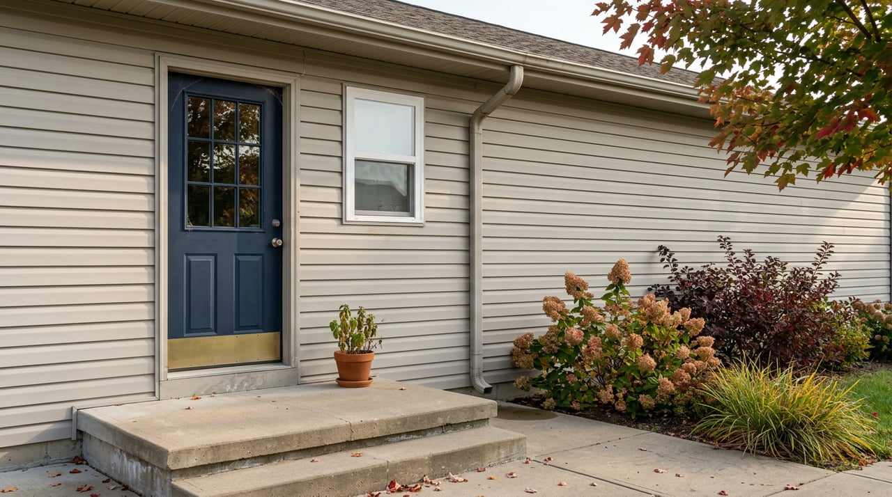 Navy side-entry door and small window beside hydrangea, burgundy ninebark, and scattered maple leaves.