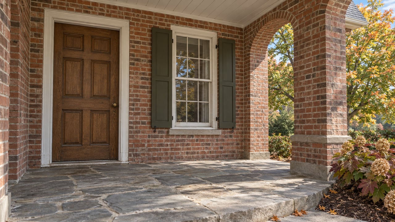 Sunlit red-brick porch with an oak front door, white-trimmed window, gray stone paving and autumn maple foliage.