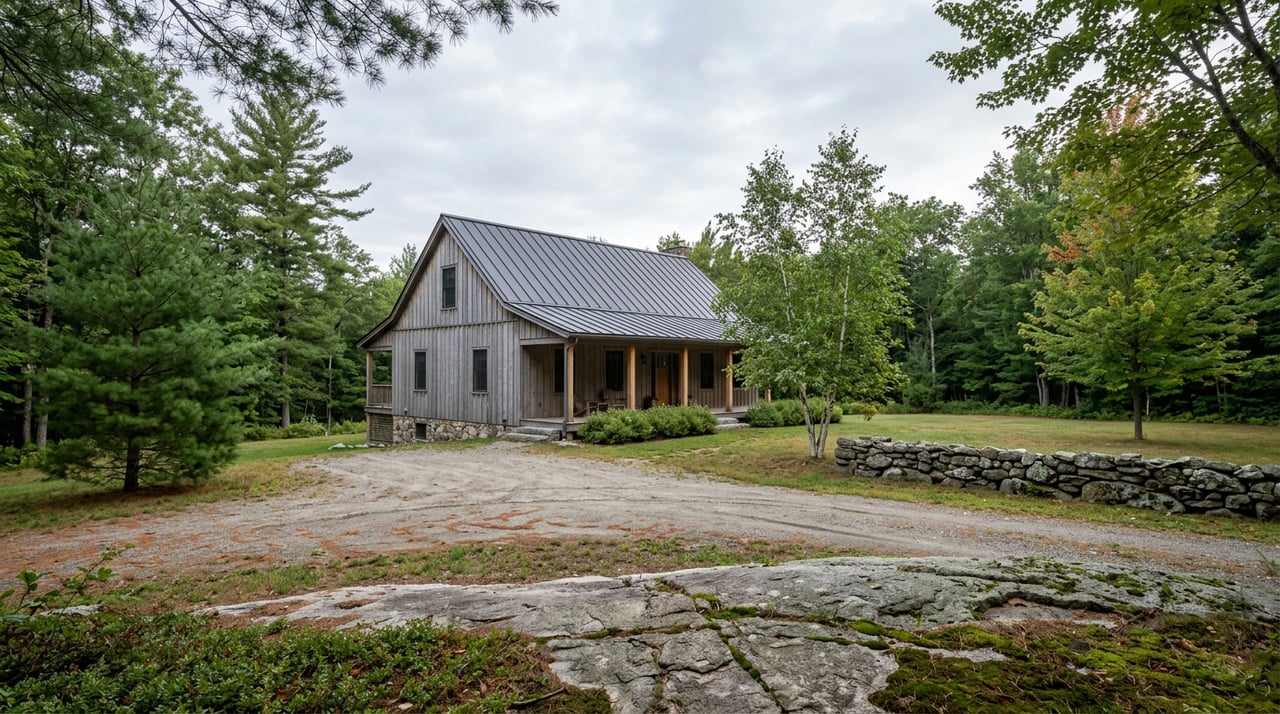 Custom cedar-and-stone home beyond a gravel drive and dry-stacked stone wall in a forest clearing.