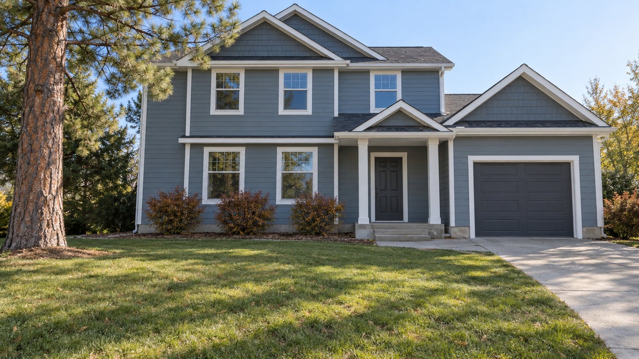 Blue-gray two-story home behind a deep autumn lawn, with white trim, a covered entry and a mature pine.