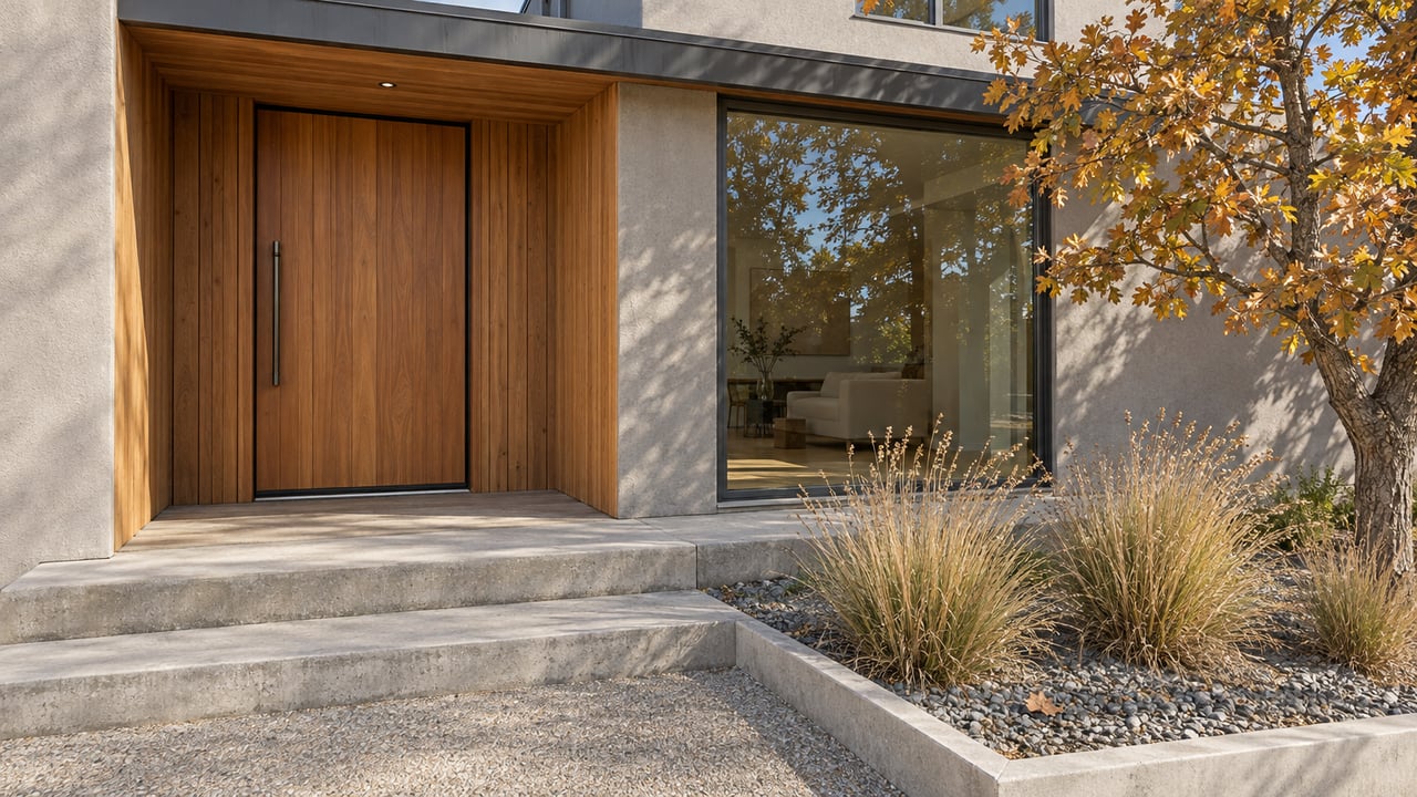 Contemporary home entrance with cedar cladding, warm-gray stucco, concrete steps and a copper-gold oak beside the window.