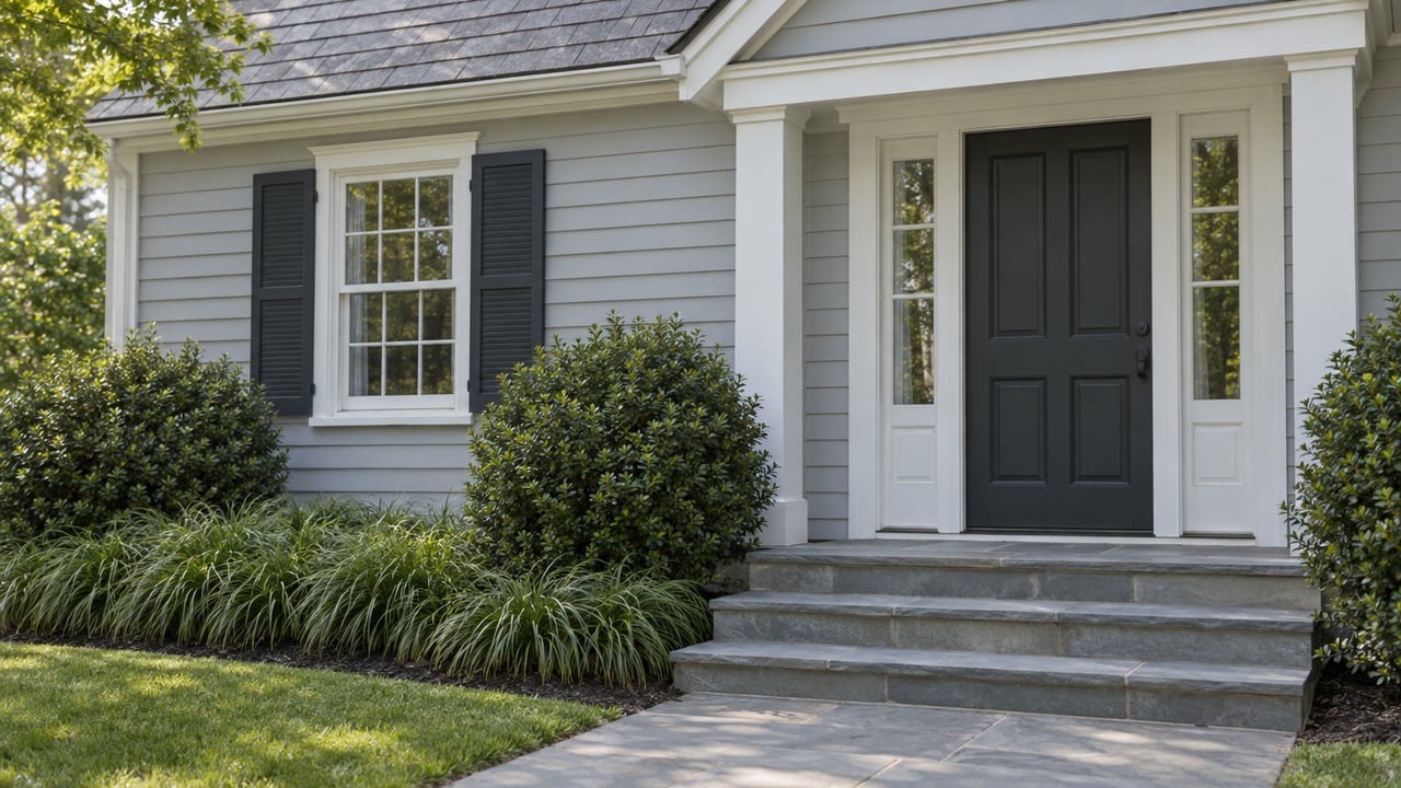 Pale gray clapboard house with charcoal entry door, bluestone steps, and clipped shrubs.