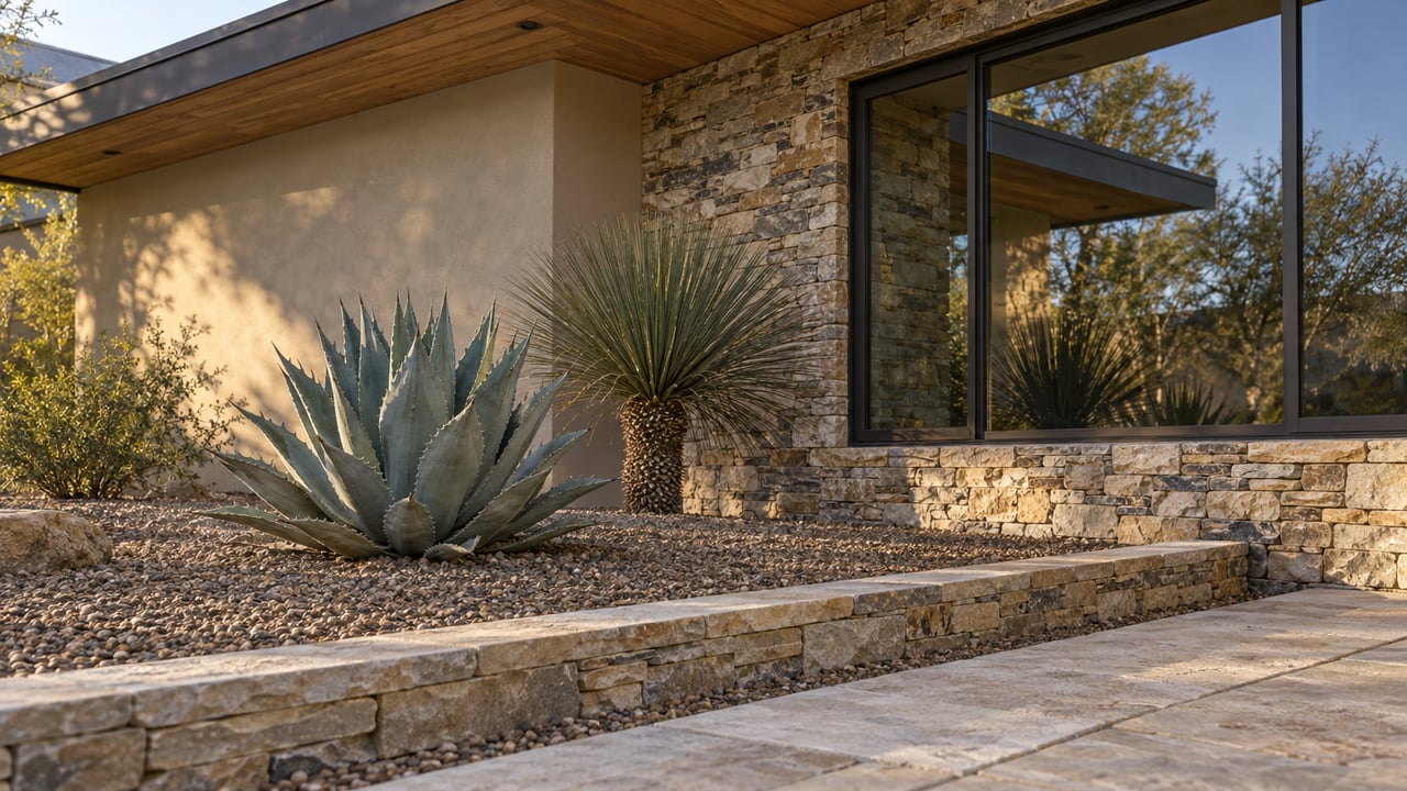 Desert-modern house corner with stacked-stone wall, bronze-framed window, and two agaves in a gravel bed.