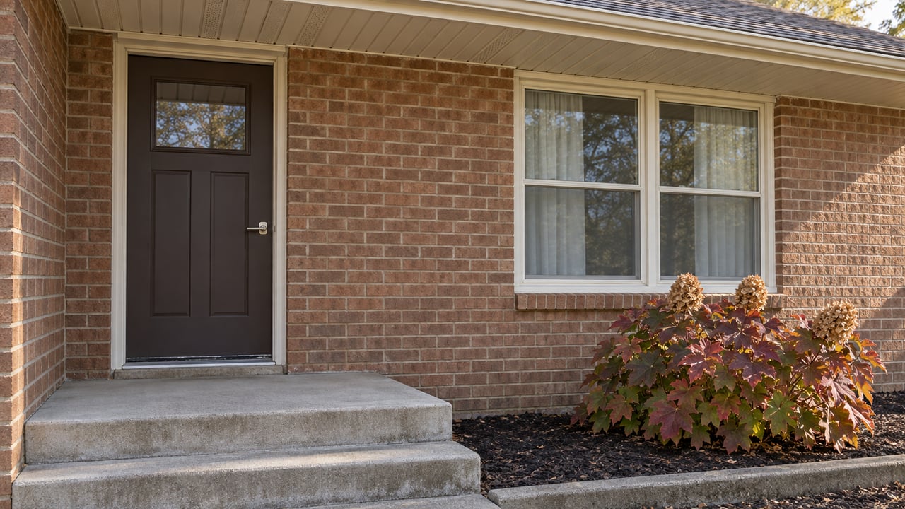 Close view of a brick home's closed brown entry door, cream-framed window and concrete steps beside an autumn oakleaf hydrangea.