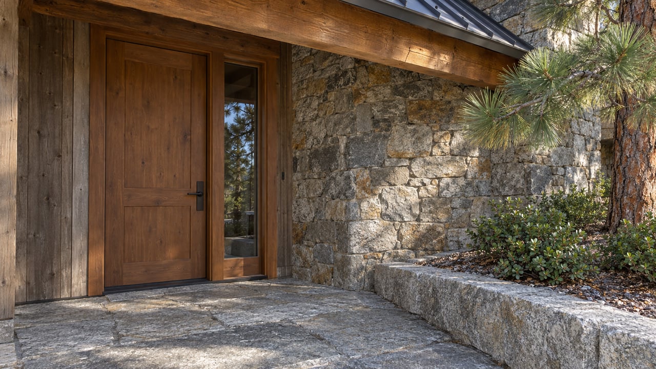 Sunlight on a weathered timber entry, granite landing, and pine beside a wooded-lot home.