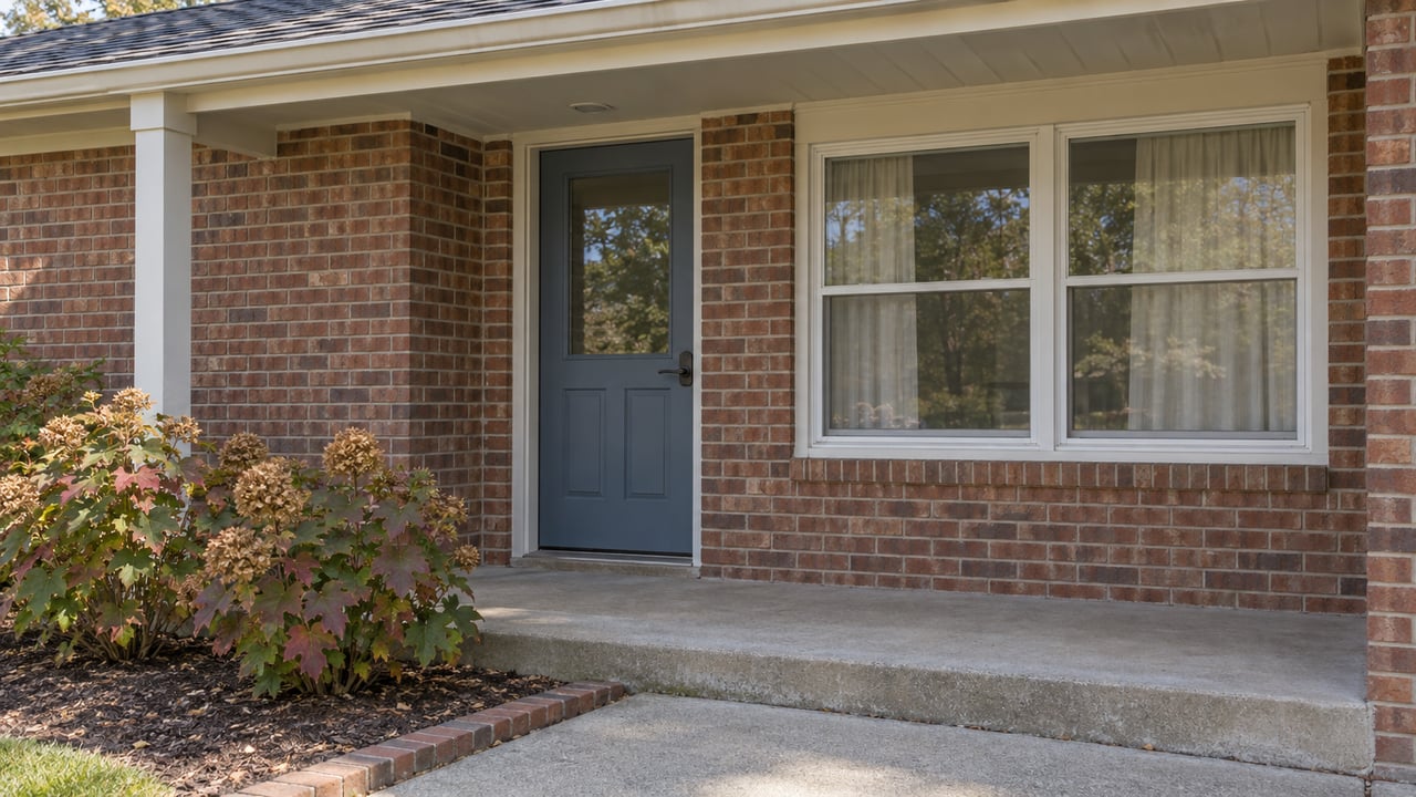 Slate-blue front door and white-framed window on a red-brick ranch porch, with autumn oakleaf hydrangeas beside the concrete approach.