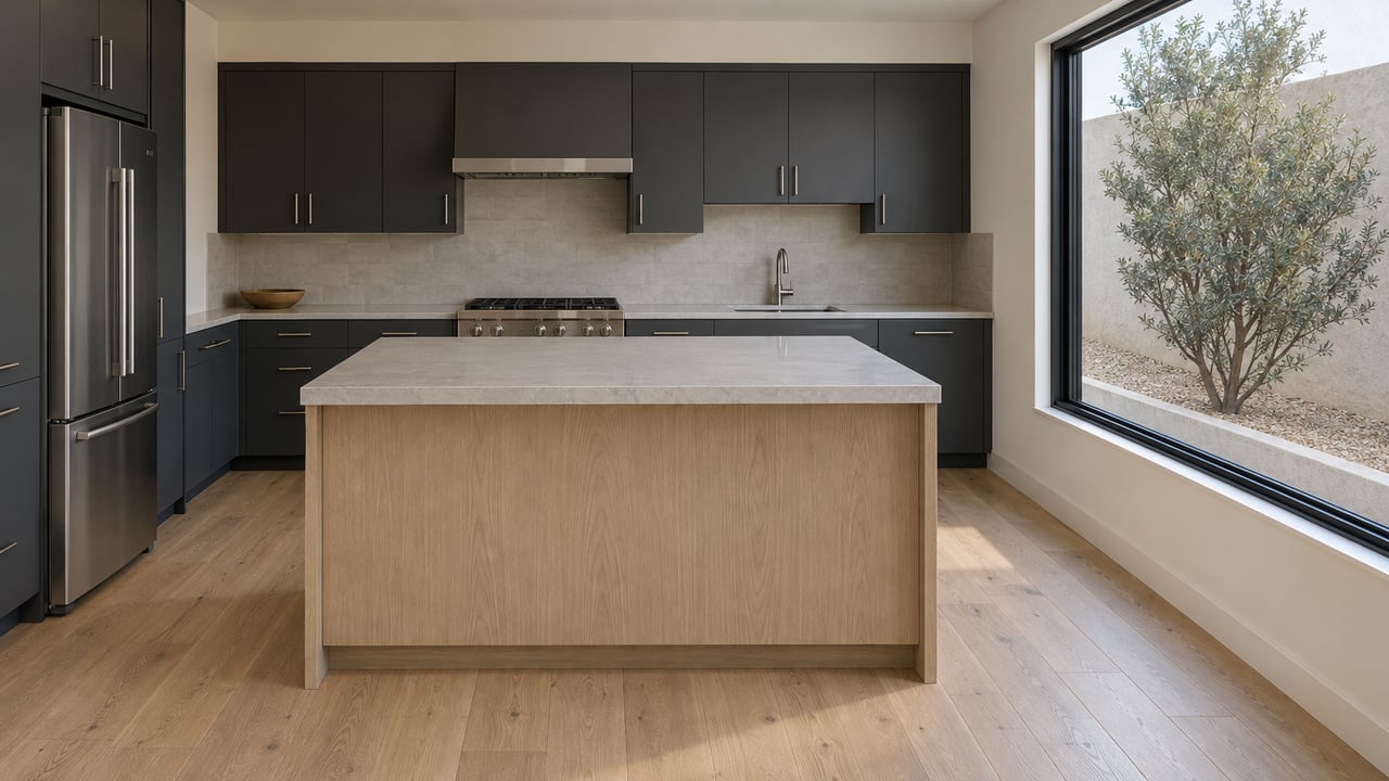 Kitchen with a pale oak island, charcoal cabinets, and a black-framed window overlooking gravel and a tree.