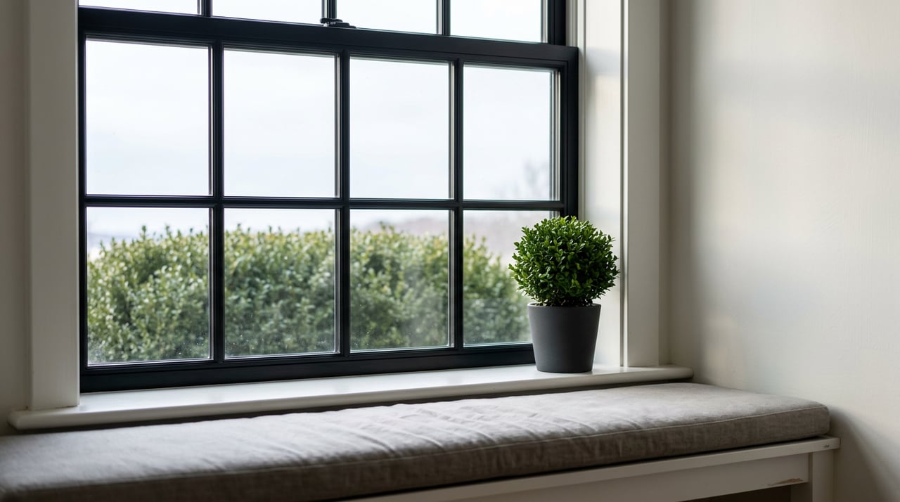 Black divided-lite window above a built-in bench with a gray cushion and potted boxwood on the sill.