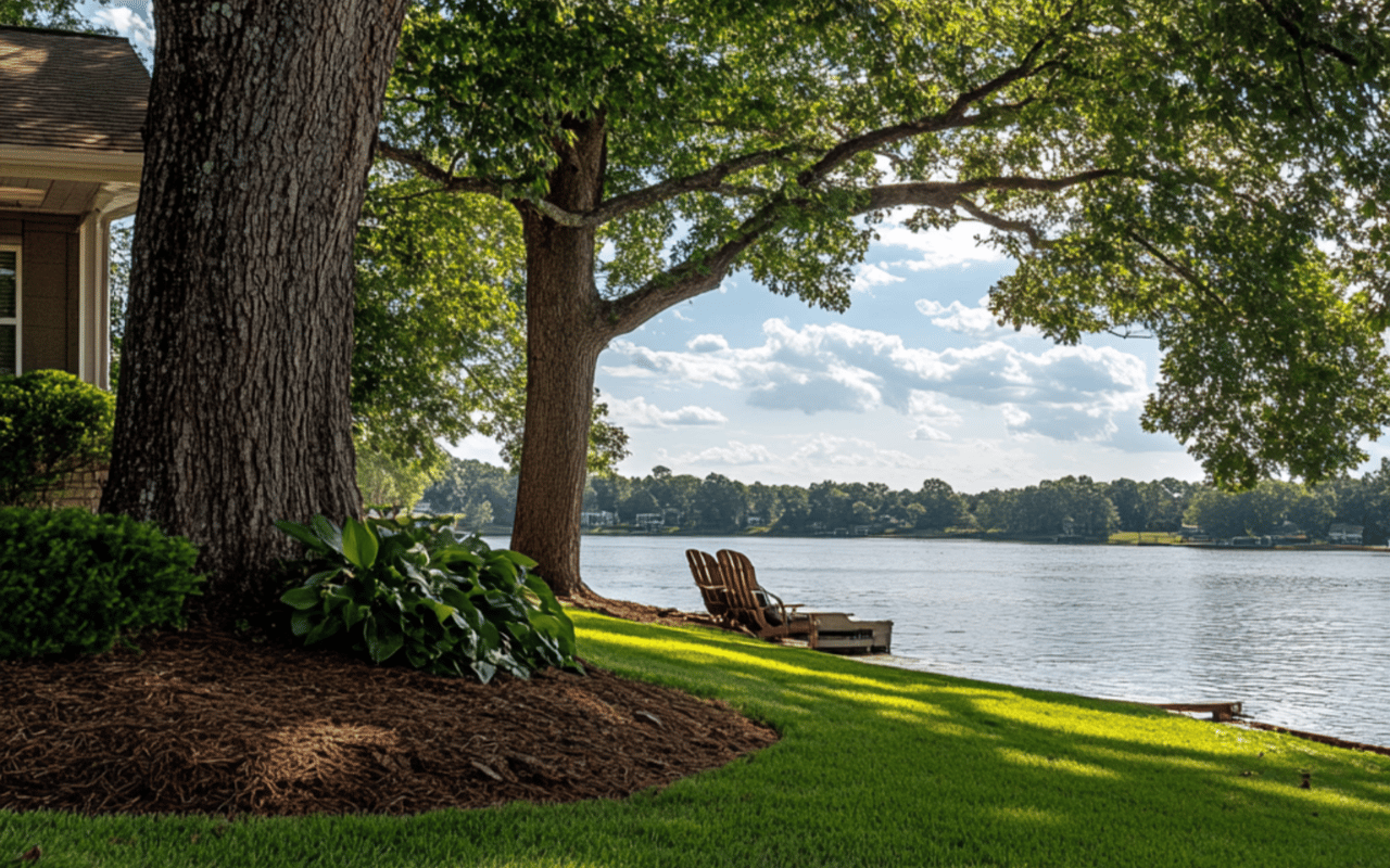 Waterfront yard with mature trees, Adirondack chairs, and a lake view.