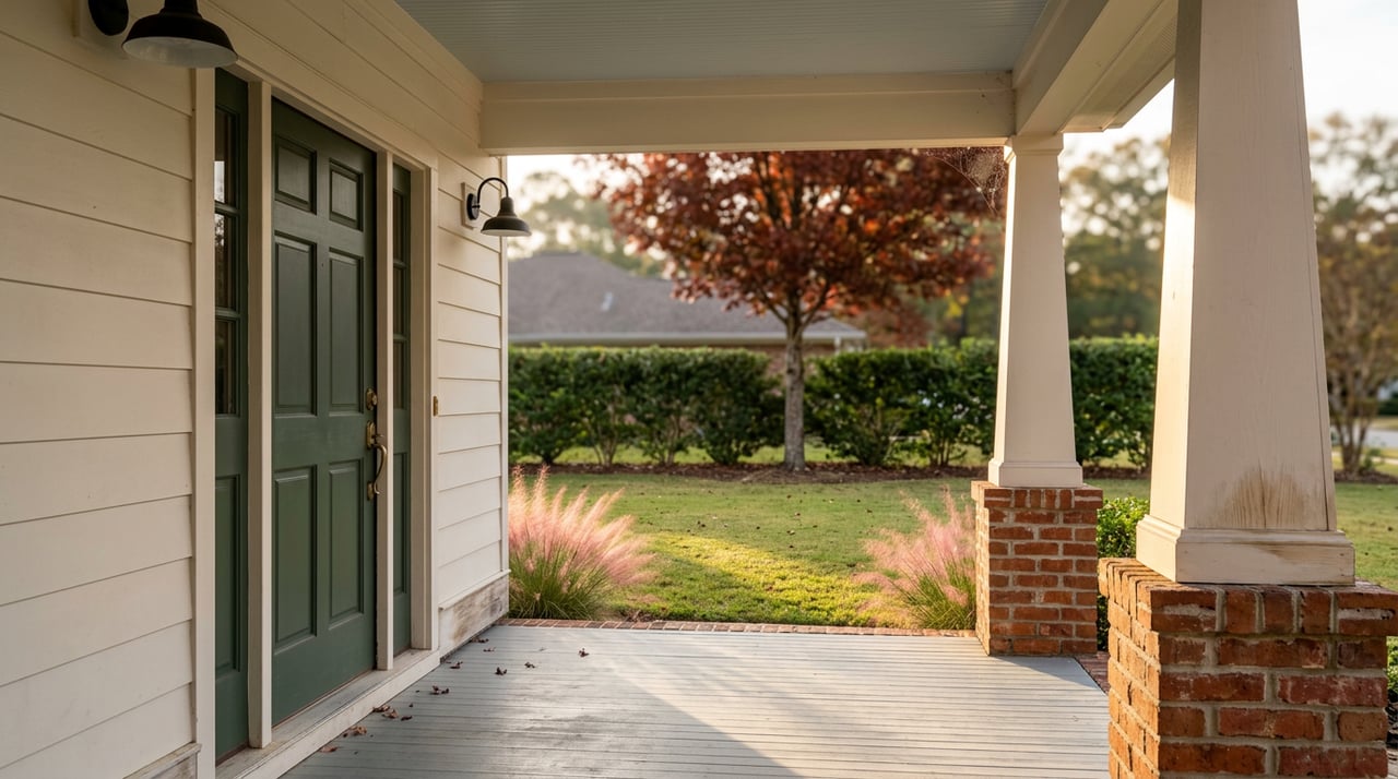 Green front door and white porch column frame a lawn with boxwood, pink muhly grass, and a red-orange tree.