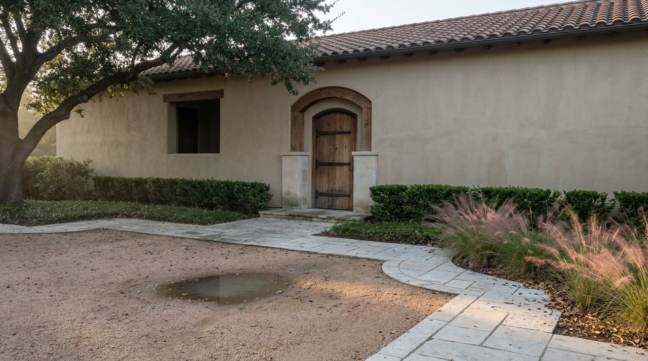 Stucco home’s arched cedar-framed entry opens onto a curved limestone walkway beneath a live oak canopy.
