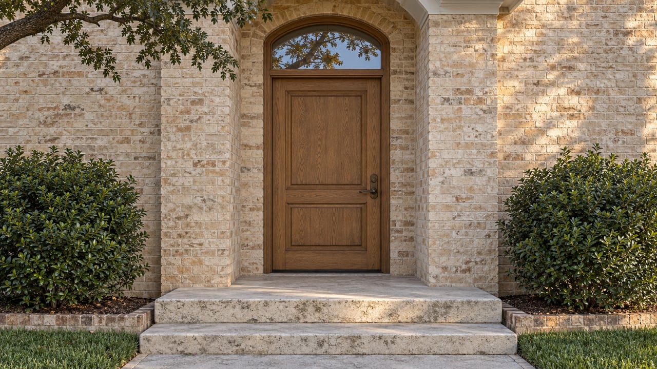 Buff brick entry with a recessed oak door, arched glass transom, limestone steps, and clipped shrubs.