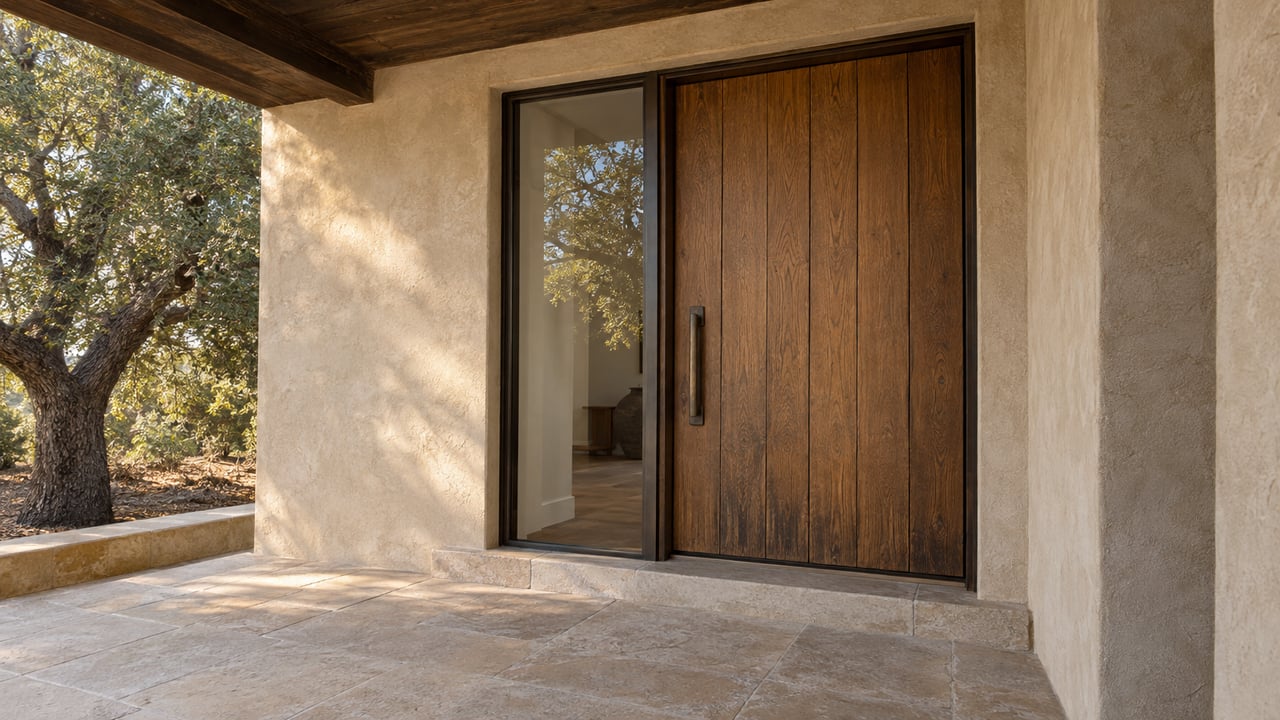 Sheltered estate entry with an oak door, bronze-framed sidelight, textured plaster and worn limestone paving beside a mature oak.