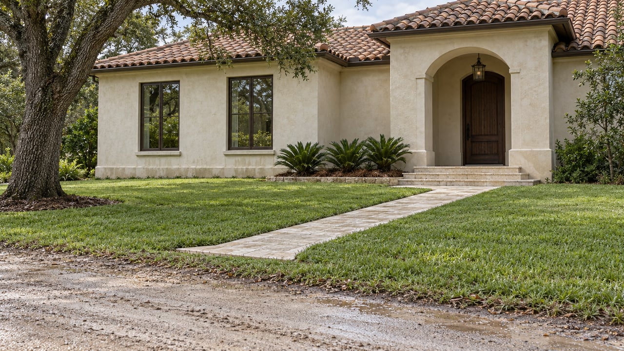 Pale stucco home with a clay-tile roof beyond a deep lawn and damp sandy road, framed by a mature live oak.
