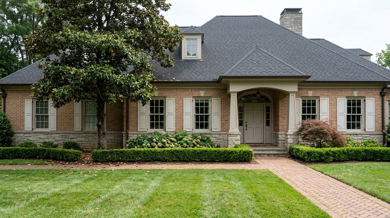 Brick-and-stone home with arched entry, dark gabled roof, magnolia tree, and herringbone walk across a broad lawn.