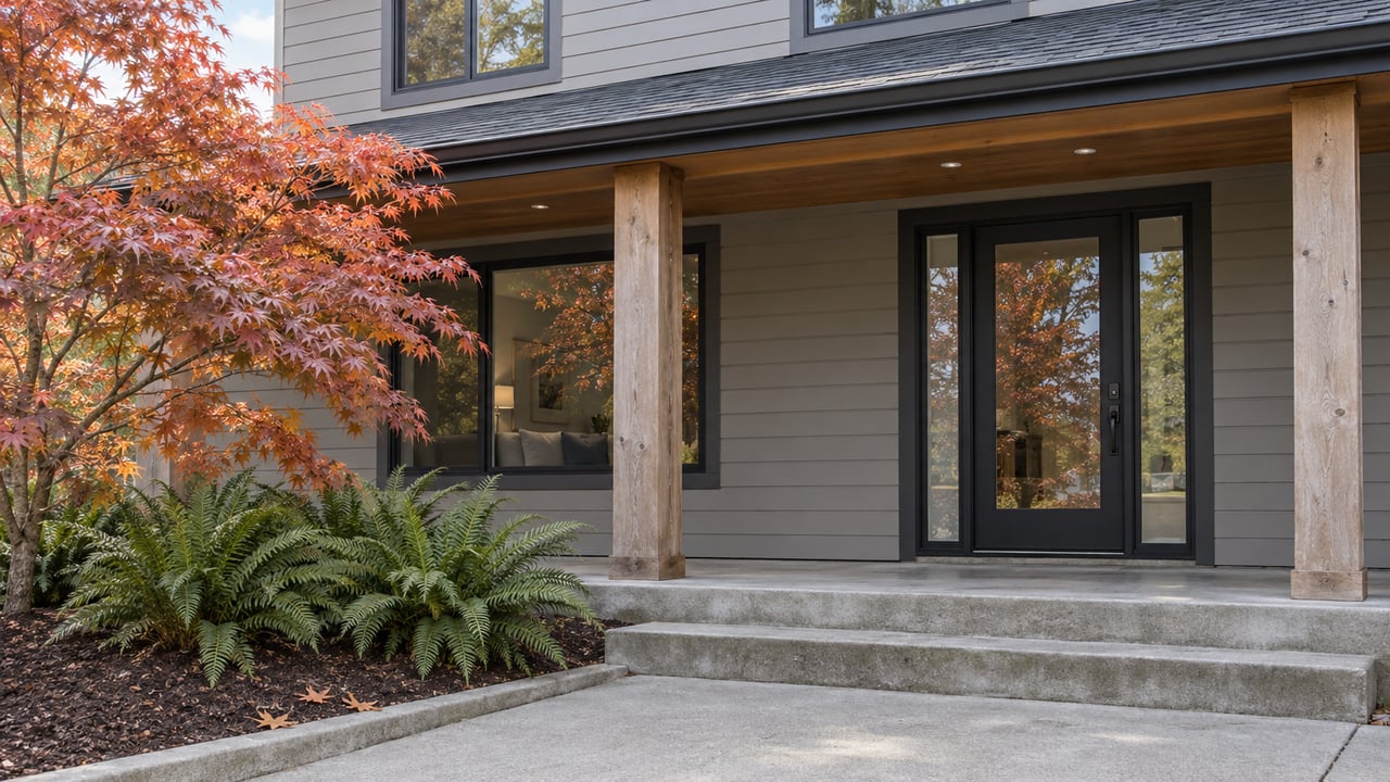 Covered entry of a contemporary two-story home with cedar posts, gray siding, concrete steps and an amber-red Japanese maple.