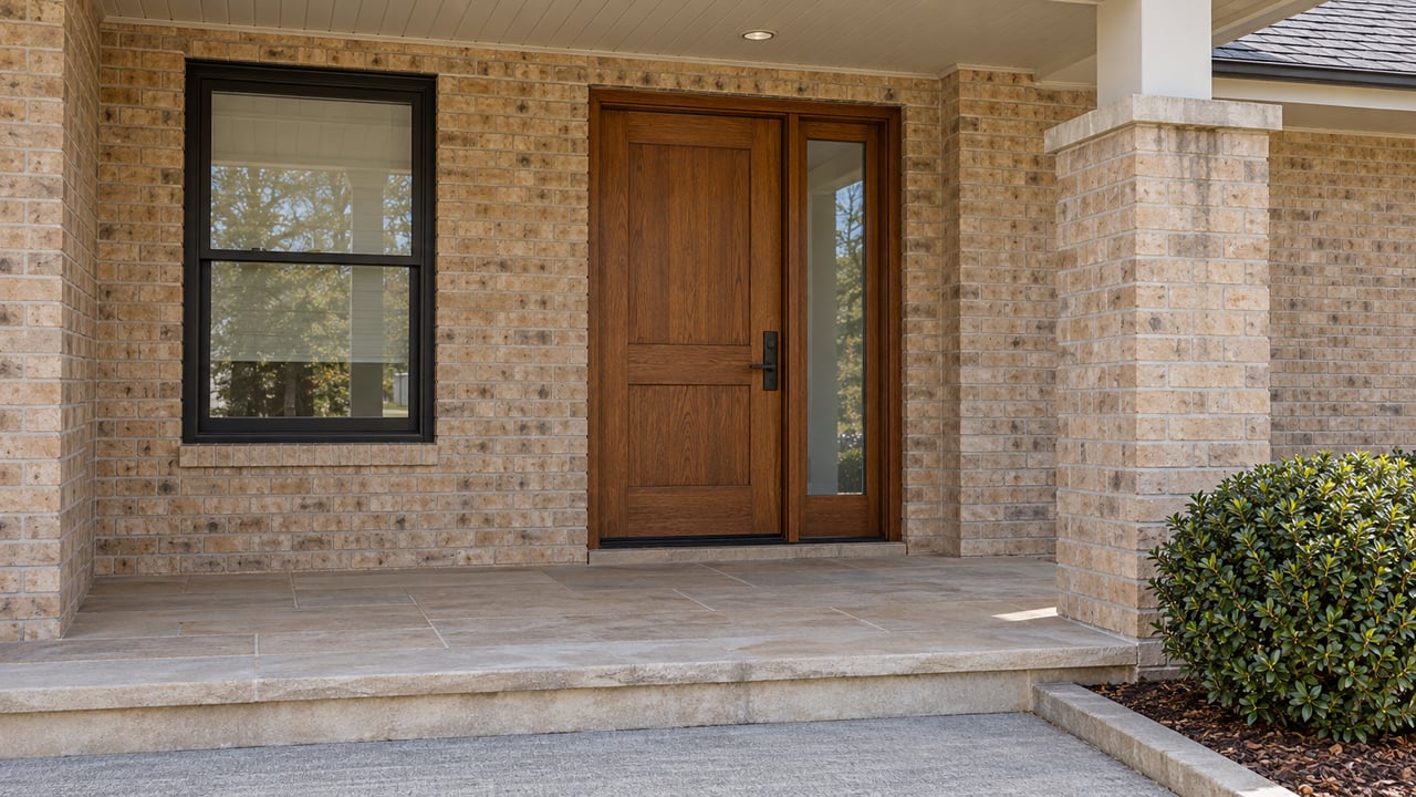 Warm brick house entrance with an oak door, shaded limestone porch, and one rounded yaupon holly beside the approach.