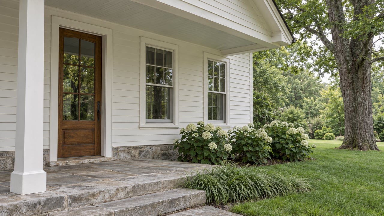 Painted wood house facade with a closed front door, two sash windows, limestone porch step, and lawn-side oak.