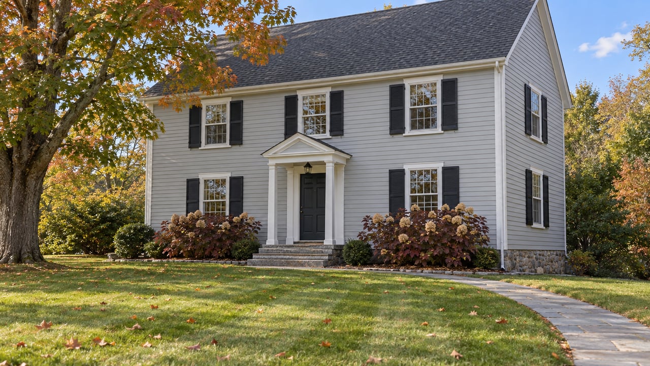 Pale-gray clapboard house with dark shutters, a granite entry, broad lawn and a maple beginning to turn copper.