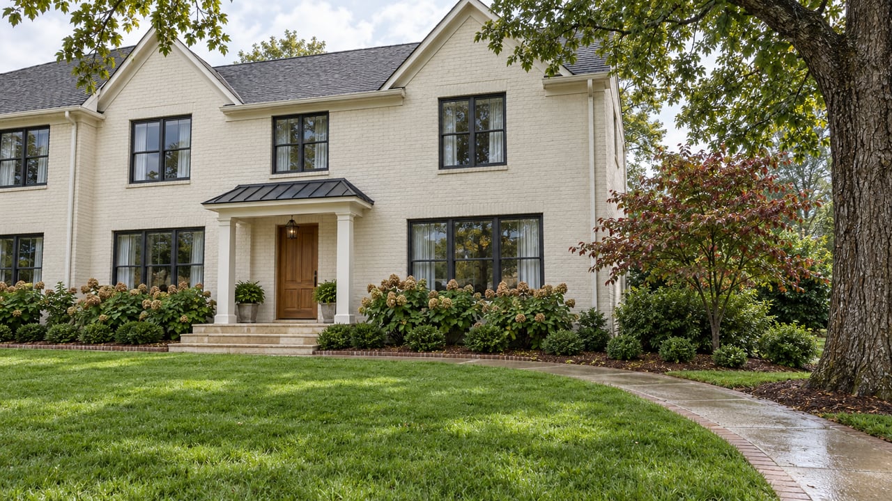 Ivory painted-brick home with dark window frames, a deep green front lawn and a curved entry walk beneath mature oak branches.
