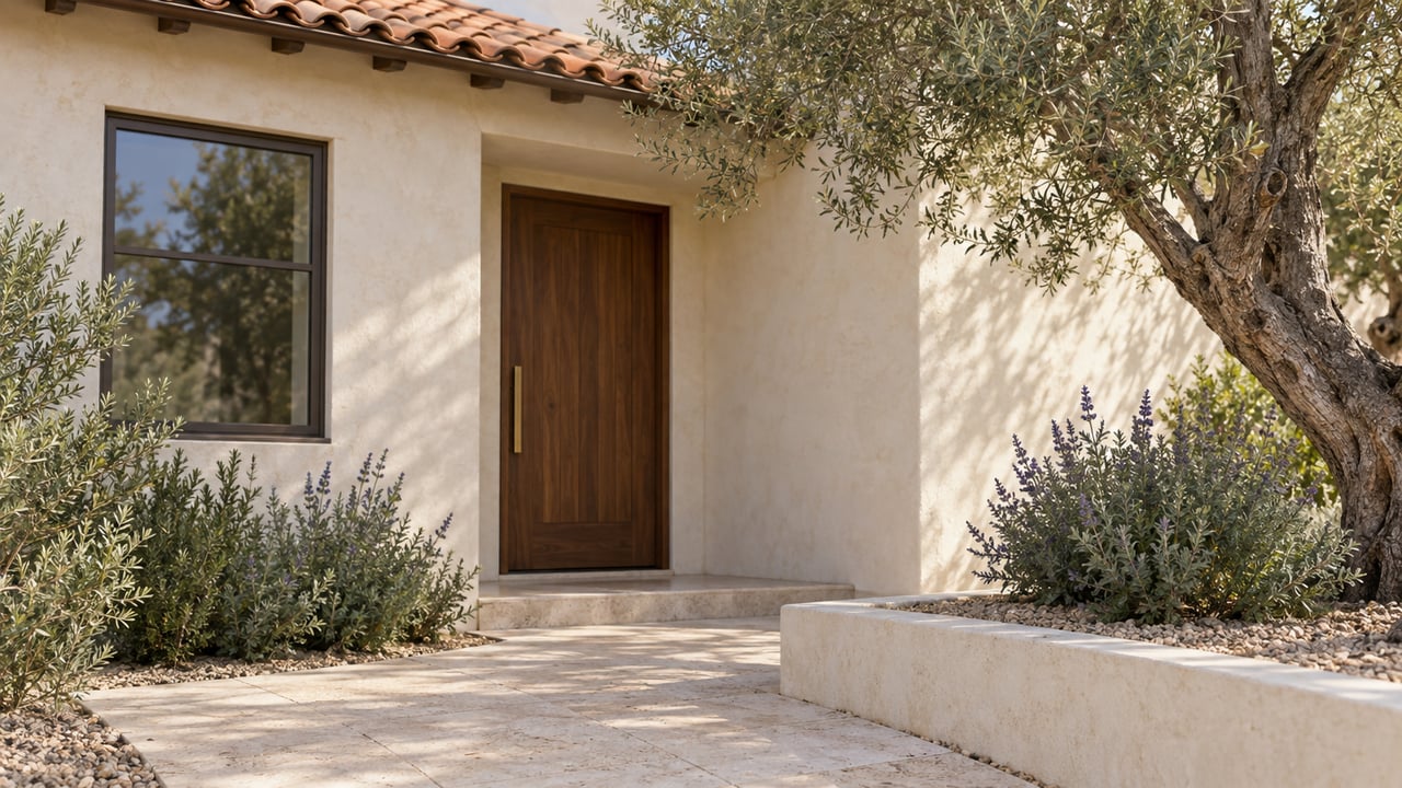 Recessed walnut door in cream stucco, beside a bronze-framed window and an olive tree in a gravel bed.