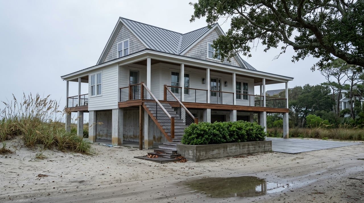 Elevated coastal home on concrete piers, with a wraparound porch, exterior stairs, and a live oak beside a sandy puddle.